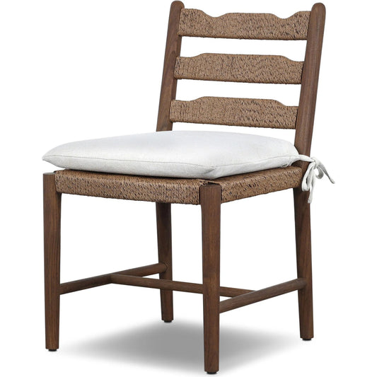 Kalmara Outdoor Dining Chair by Four Hands in alessi linen, stained toasted brown-fsc, faux dark hyacinth. Made from 100% polypropylene, solid fsc®-certified teak, 100% polyethylene in a transitional style.