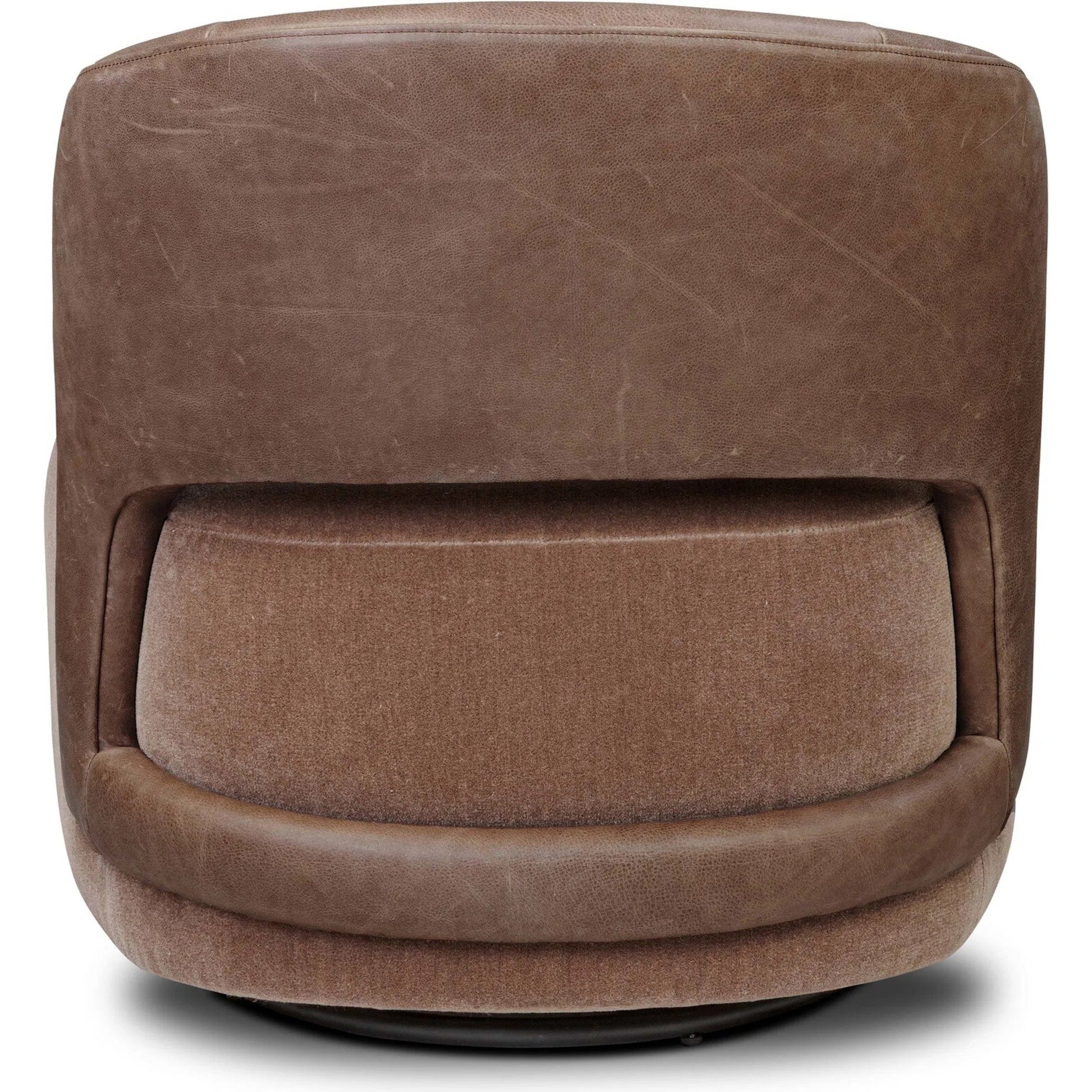 Andrina Swivel Chair by Four Hands in monte mushroom, palermo cigar. Made from 50% viscose, 50% wool, top grain leather in a transitional style.