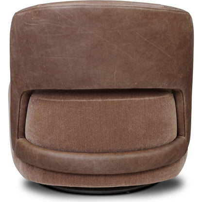 Andrina Swivel Chair by Four Hands in monte mushroom, palermo cigar. Made from 50% viscose, 50% wool, top grain leather in a transitional style.