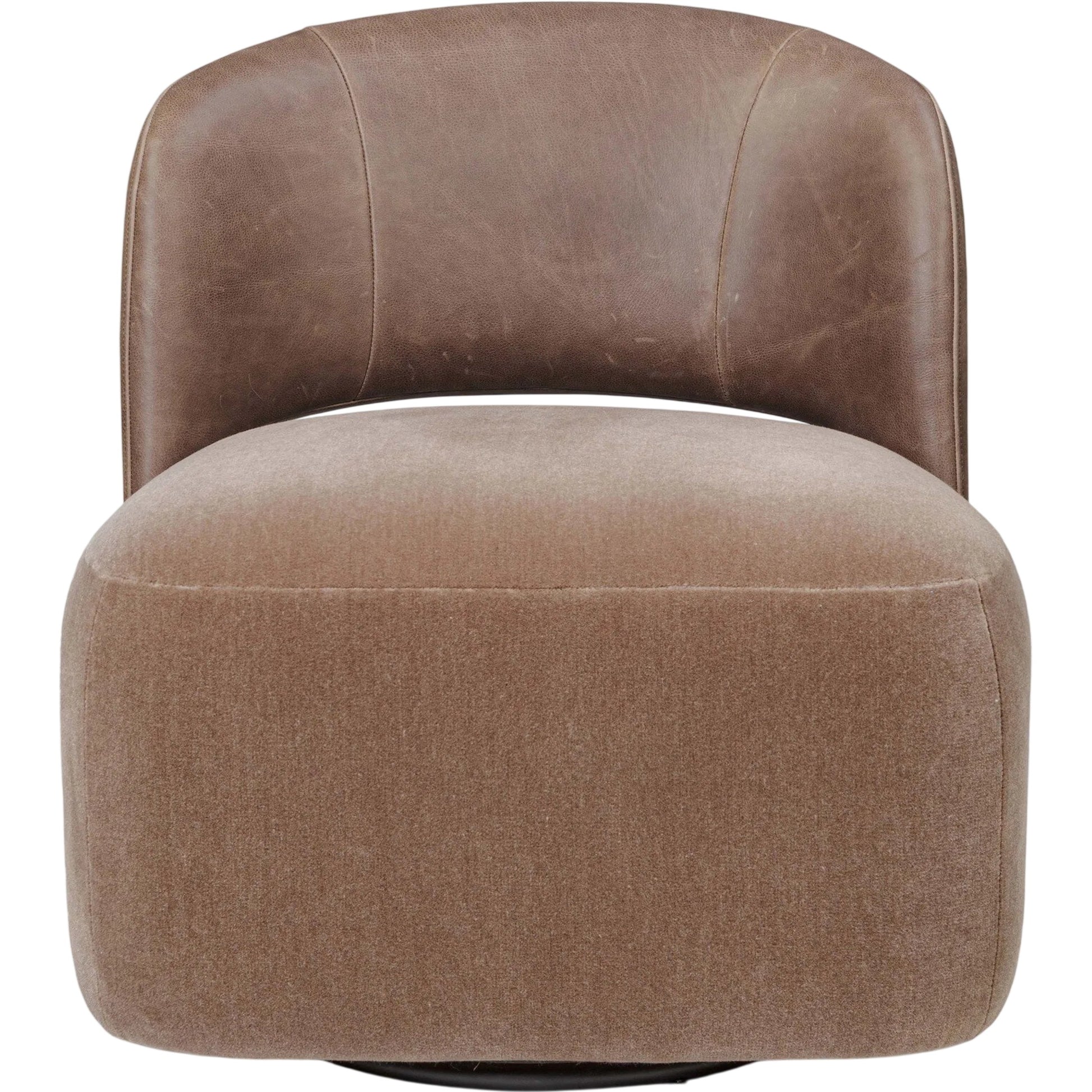 Andrina Swivel Chair by Four Hands in monte mushroom, palermo cigar. Made from 50% viscose, 50% wool, top grain leather in a transitional style.