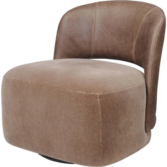 Andrina Swivel Chair by Four Hands in monte mushroom, palermo cigar. Made from 50% viscose, 50% wool, top grain leather in a transitional style.