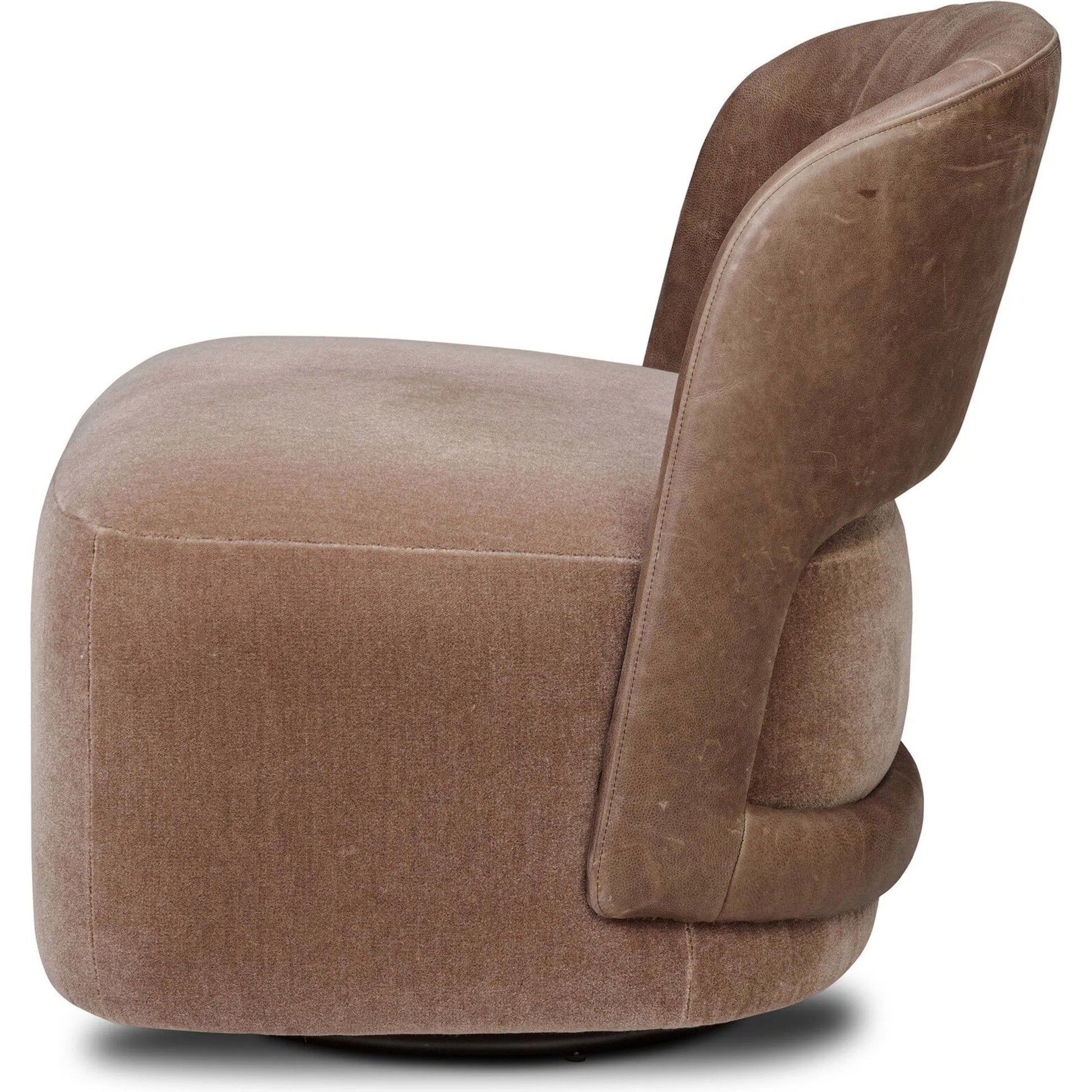 Andrina Swivel Chair by Four Hands in monte mushroom, palermo cigar. Made from 50% viscose, 50% wool, top grain leather in a transitional style.