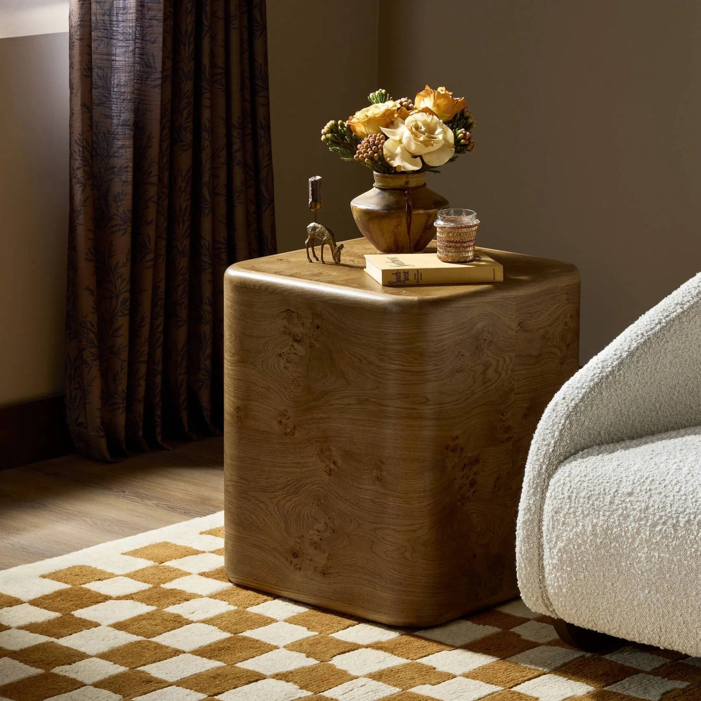 011 SI-2531709 | Lifestyle | Talessi End Table by Four Hands in wheat medium burl oak, wheat medium burl oak solid. Made from oak veneer, solid oak in a unique style.