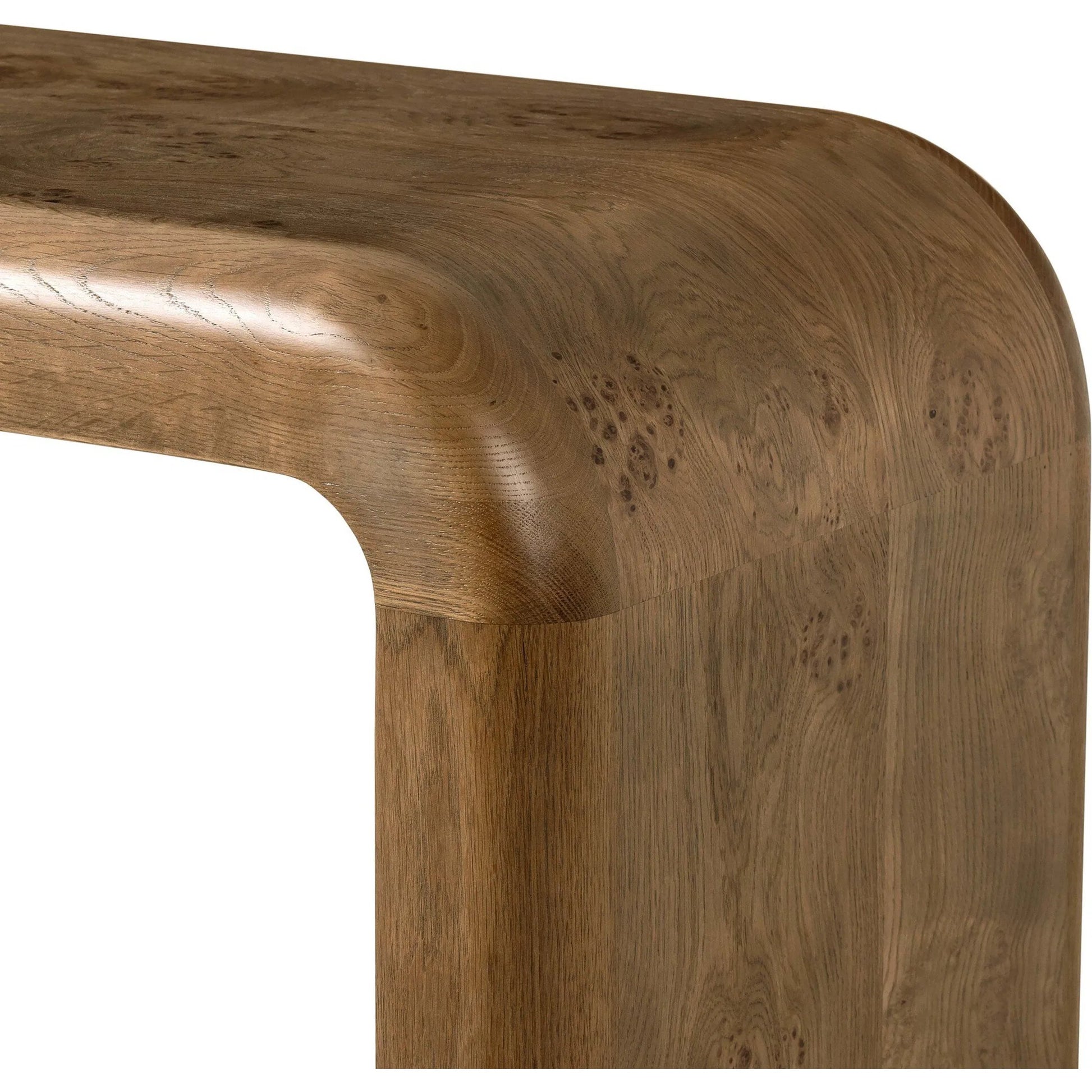 Daven Console Table by Four Hands in rye medium burl oak veneer. Made from oak veneer, solid oak in a unique style.