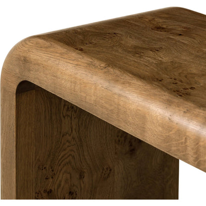 Daven Console Table by Four Hands in rye medium burl oak veneer. Made from oak veneer, solid oak in a unique style.