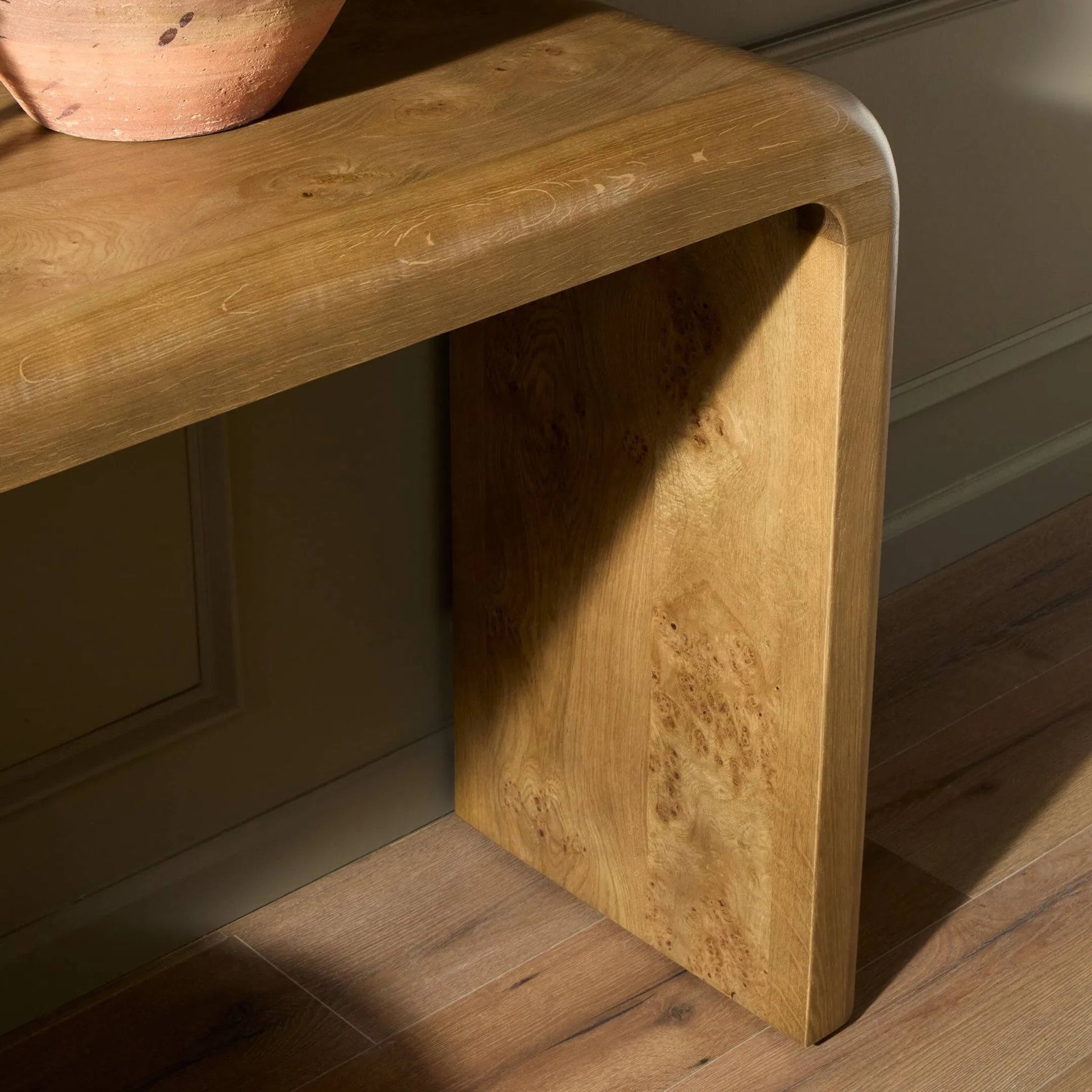 Daven Console Table by Four Hands in rye medium burl oak veneer. Made from oak veneer, solid oak in a unique style.