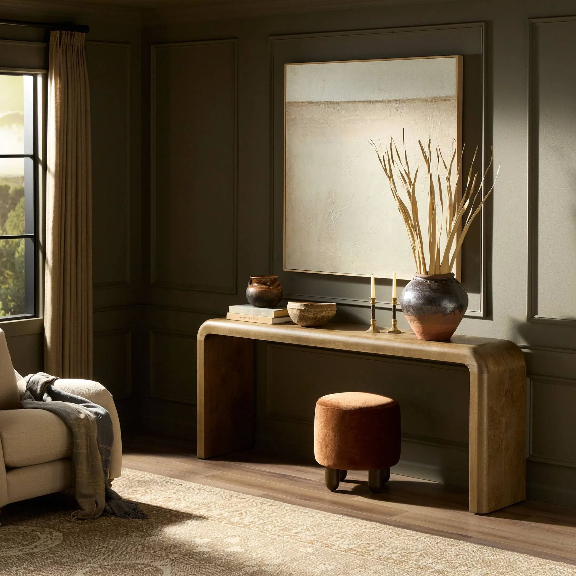 Daven Console Table by Four Hands in rye medium burl oak veneer. Made from oak veneer, solid oak in a unique style.