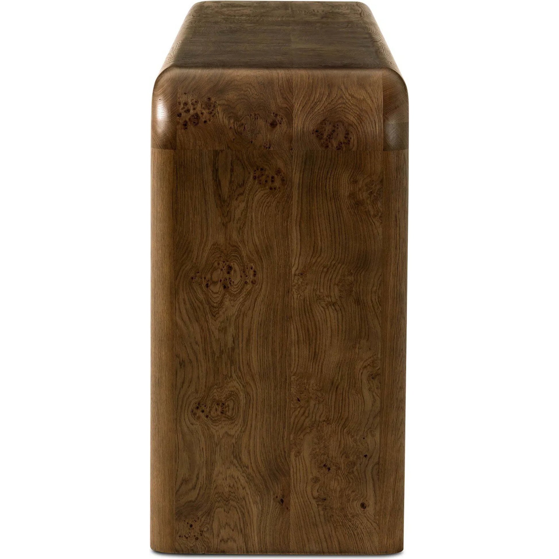 Daven Console Table by Four Hands in rye medium burl oak veneer. Made from oak veneer, solid oak in a unique style.