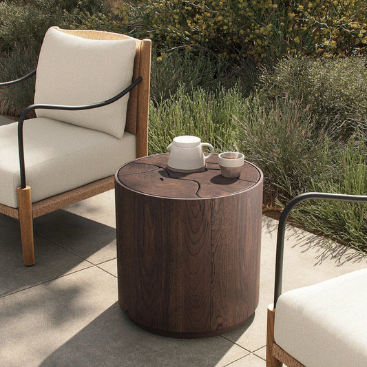 Ridge Outdoor End Table by Four Hands in stained saddle brown-teak root. Made from solid teak in a unique style.