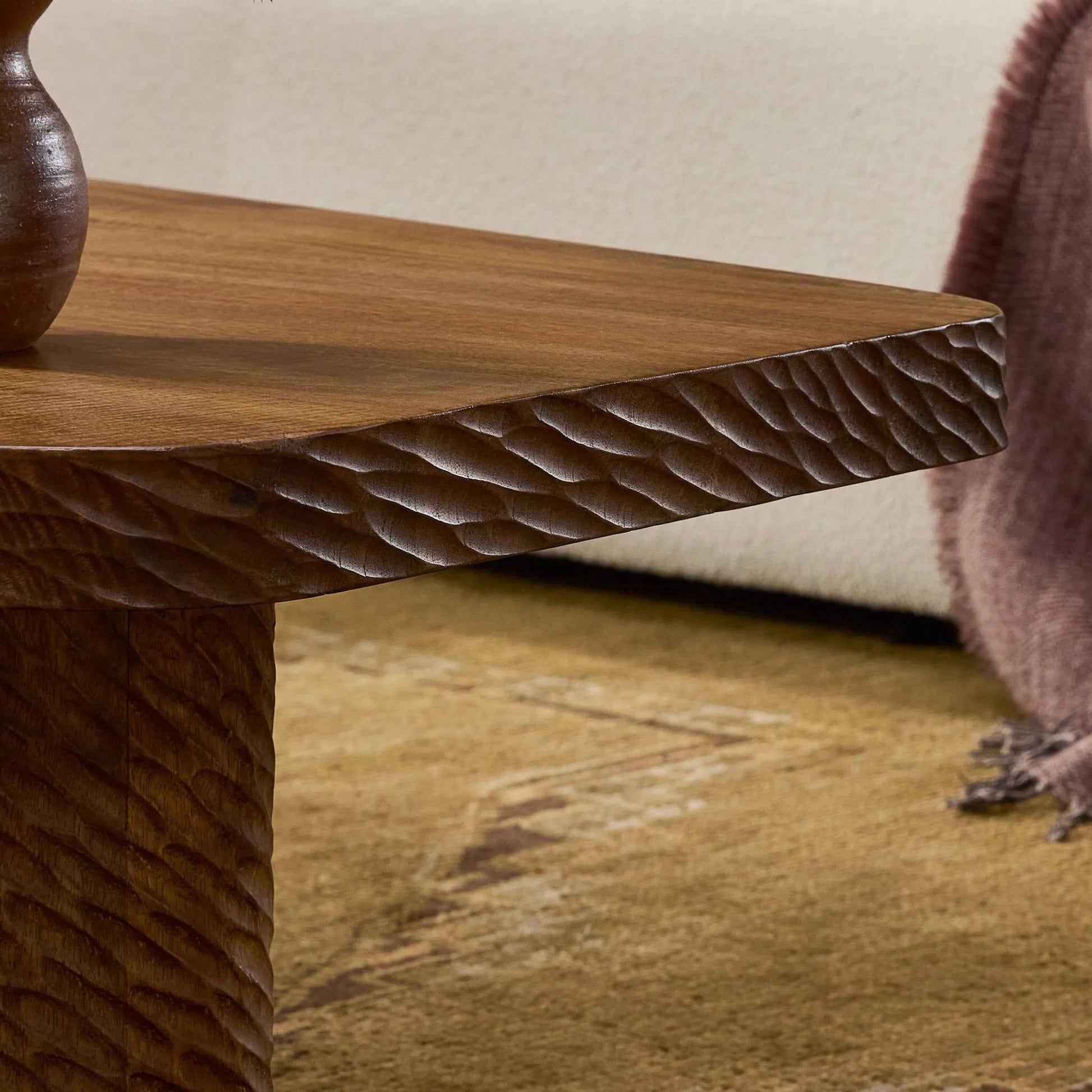 Nella Coffee Table by Four Hands in warm chestnut, carved warm mango. Made from solid mango in a unique style.