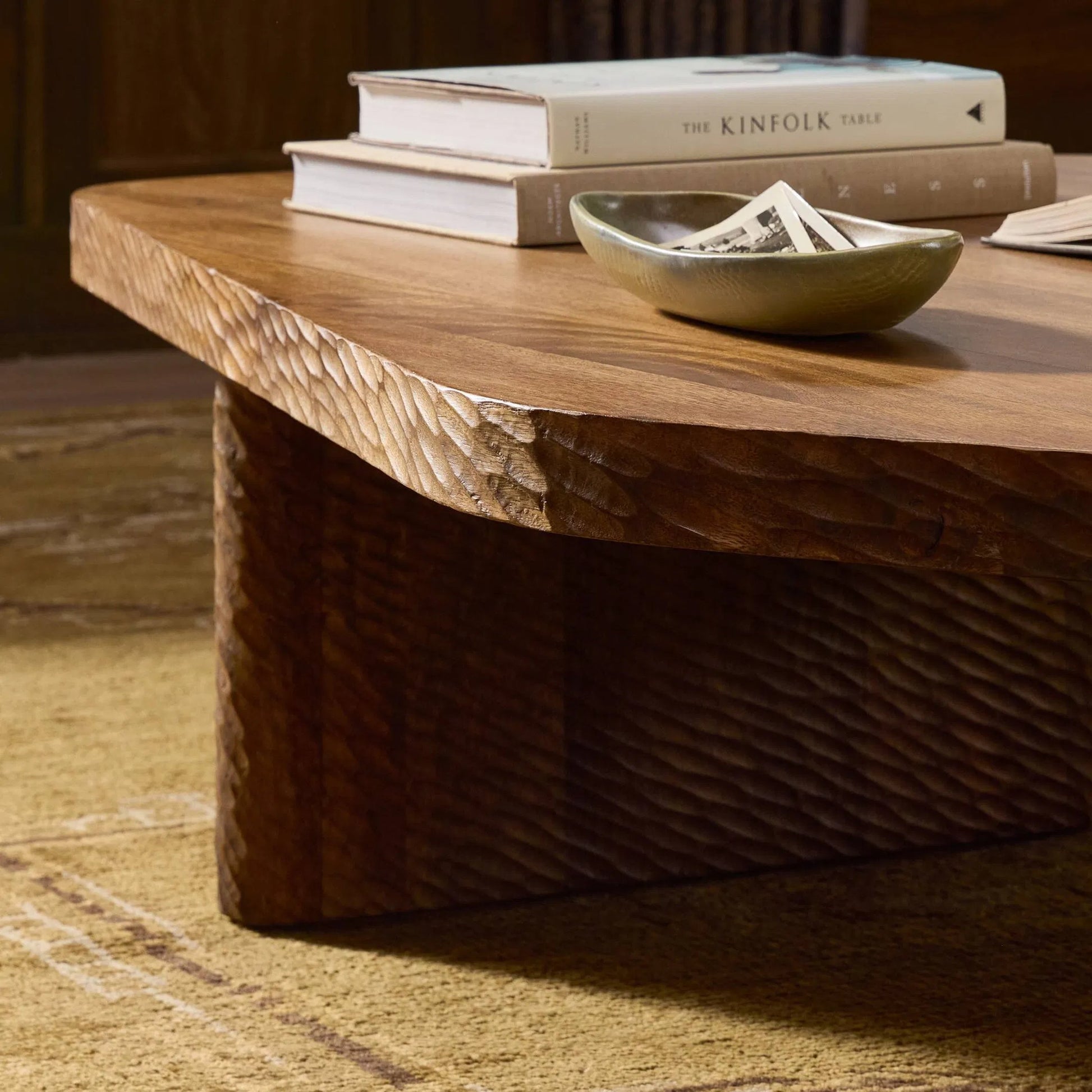 Nella Coffee Table by Four Hands in warm chestnut, carved warm mango. Made from solid mango in a unique style.