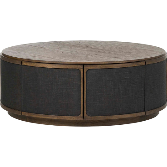 Bertie Coffee Table by Four Hands in stained saddle brown sungkai veneer, black linen. Made from thin sungkai veneer, painted linen, solid sungkai in a modern style.