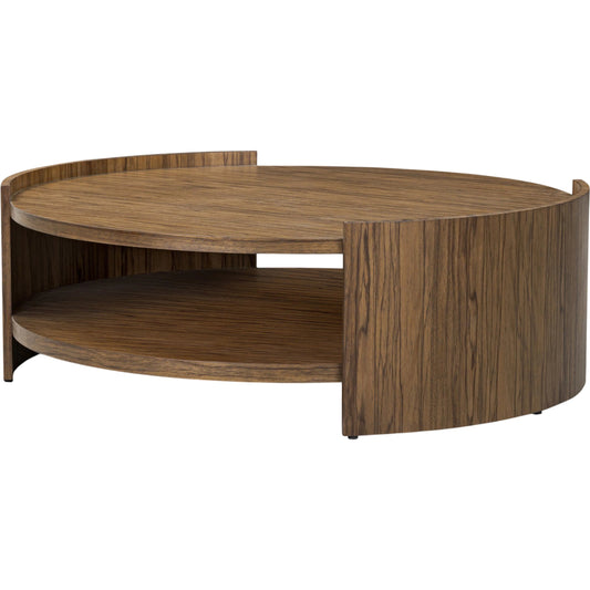 Damari Round Coffee Table by Four Hands in medium brown limba. Made from limba veneer in a unique style.