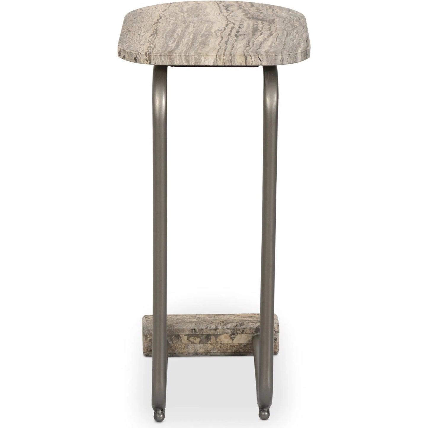 004 SI-2531681 | Additional Silo | Pixie End Table by Four Hands in grey stripe travertine, light antique pewter. Made from solid travertine, iron in a unique style.