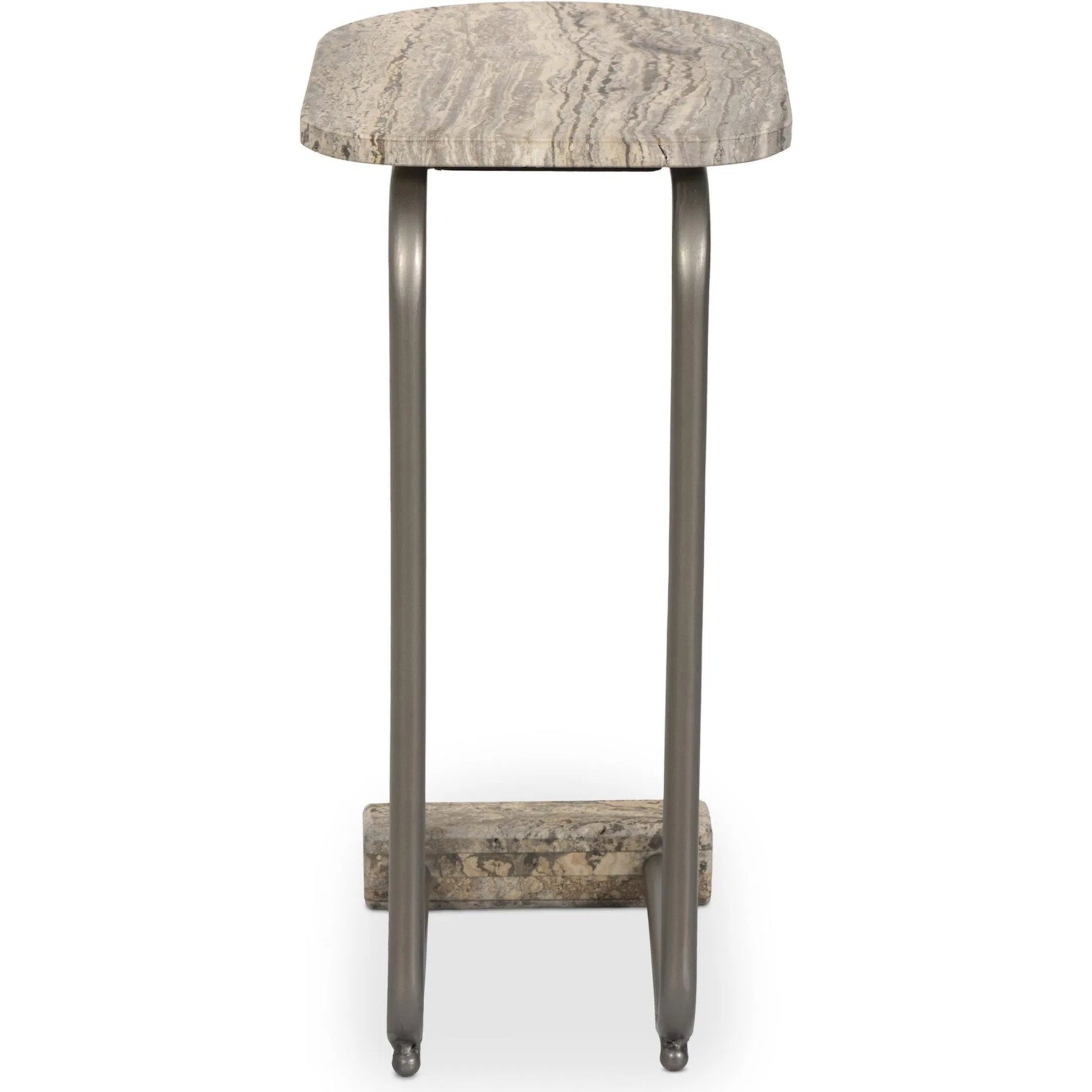 Pixie End Table by Four Hands in grey stripe travertine, light antique pewter. Made from solid travertine, iron in a unique style.