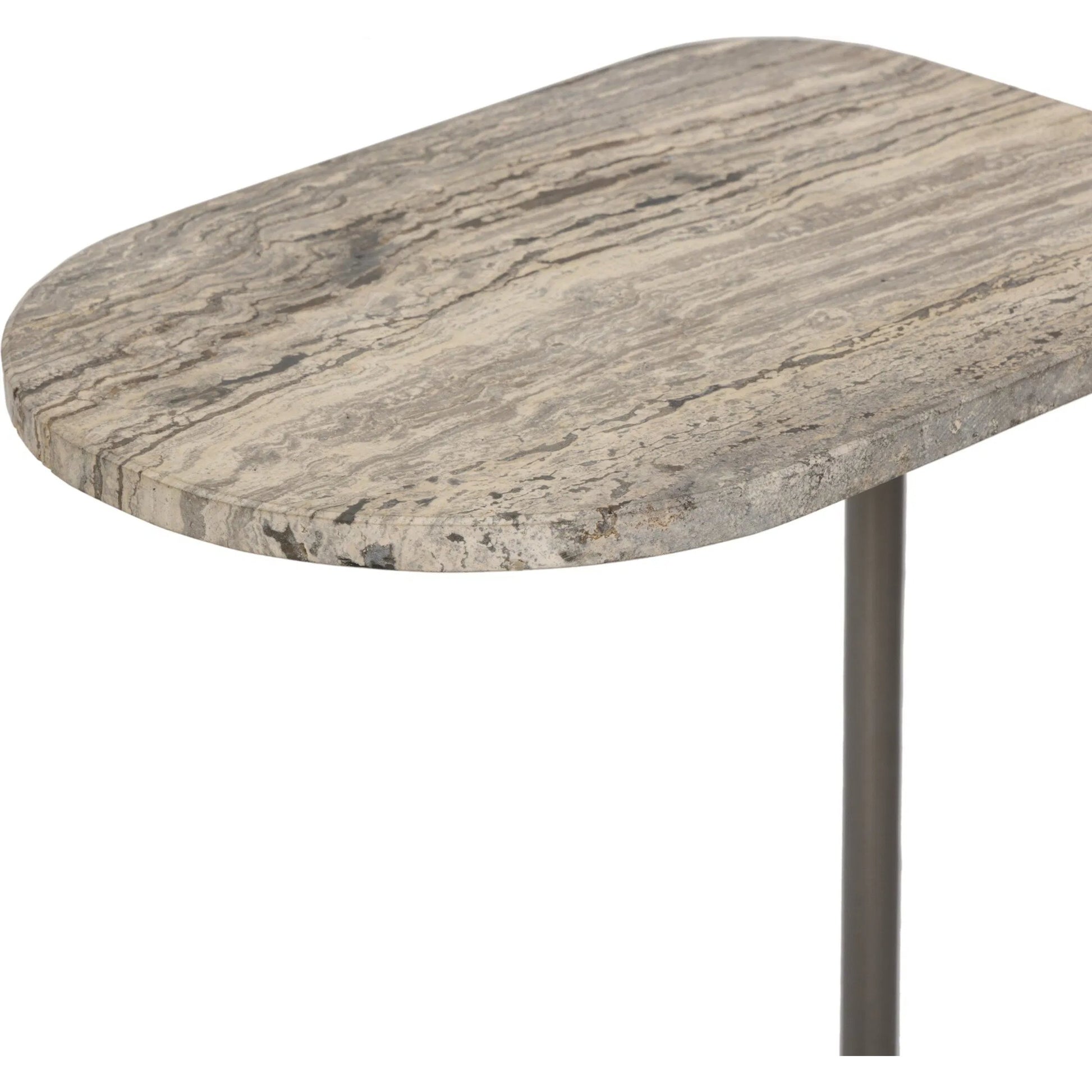 Pixie End Table by Four Hands in grey stripe travertine, light antique pewter. Made from solid travertine, iron in a unique style.