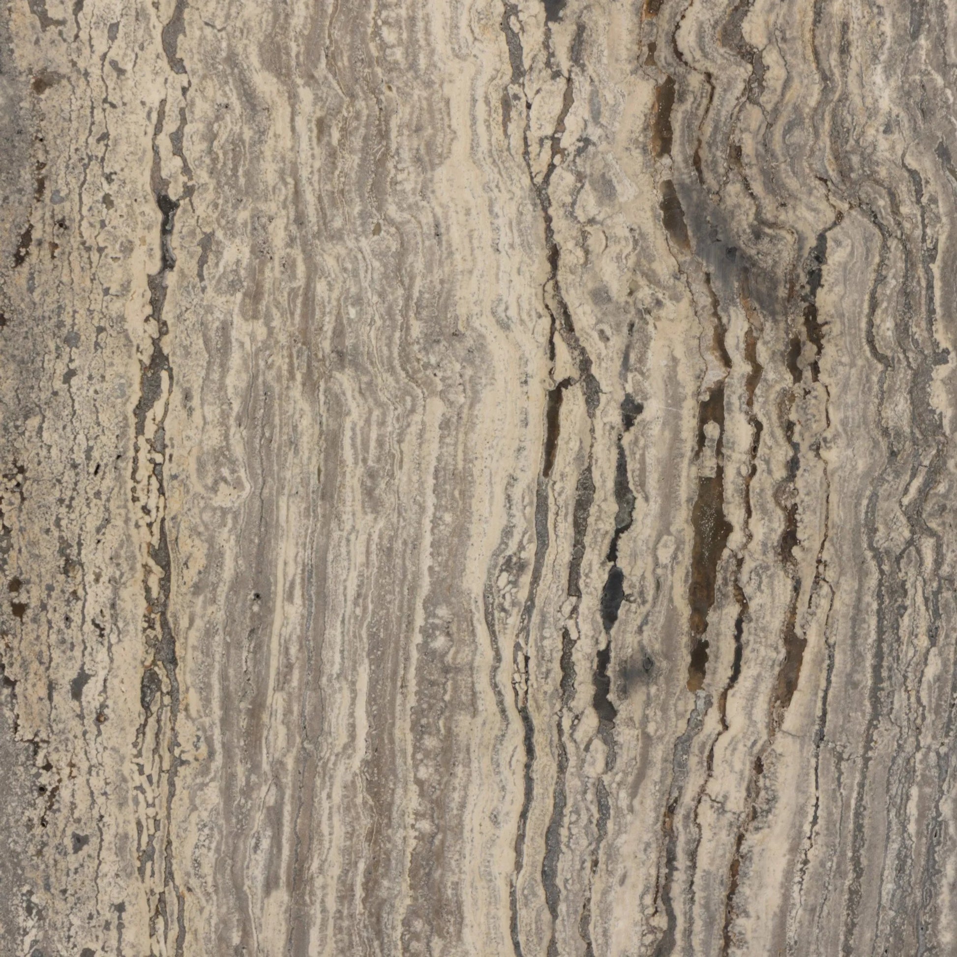 Pixie End Table by Four Hands in grey stripe travertine, light antique pewter. Made from solid travertine, iron in a unique style.