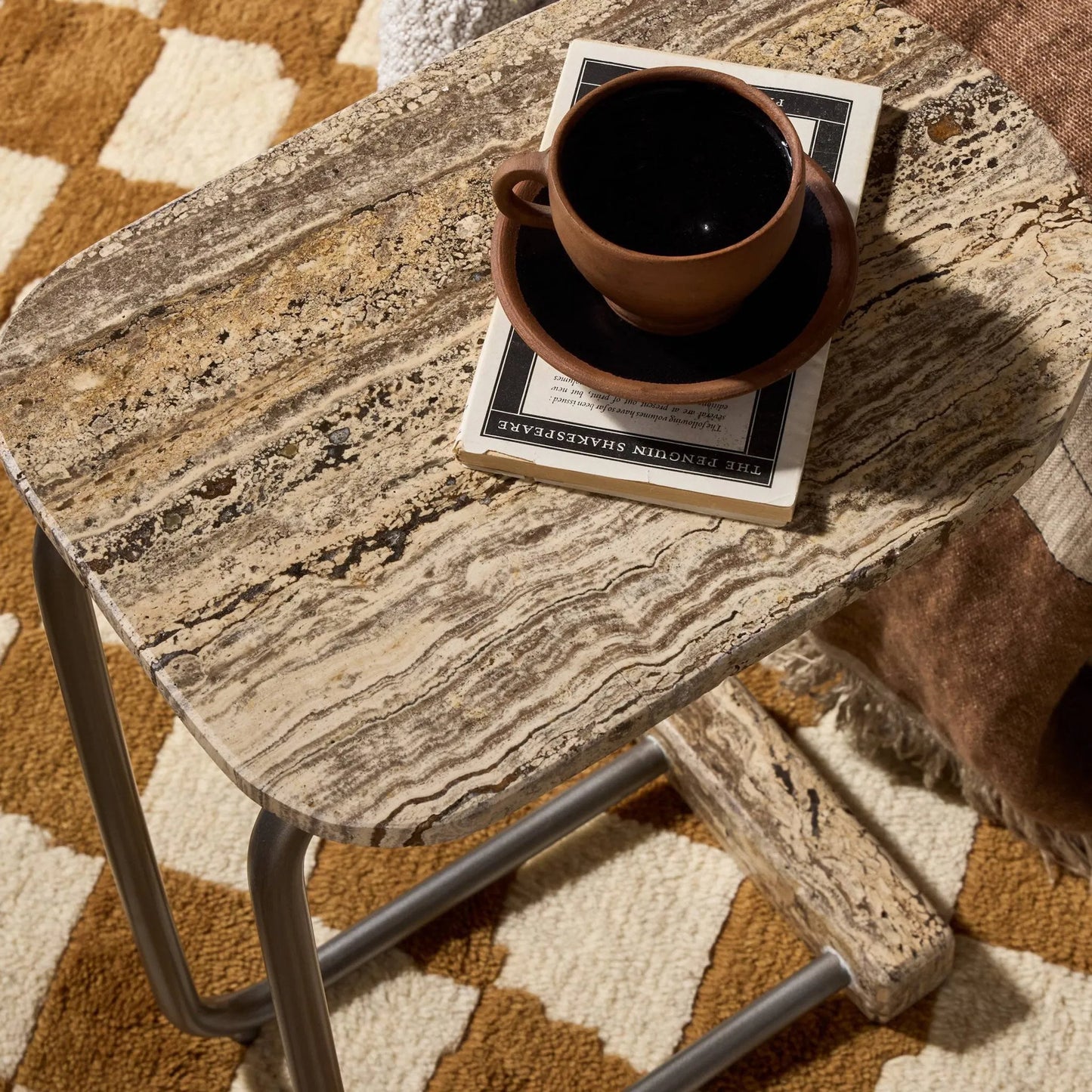 011 SI-2531681 | Closeup | Pixie End Table by Four Hands in grey stripe travertine, light antique pewter. Made from solid travertine, iron in a unique style.