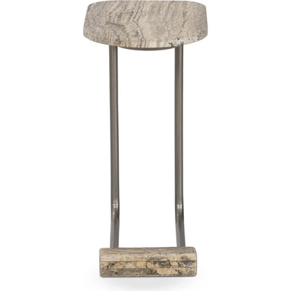 Pixie End Table by Four Hands in grey stripe travertine, light antique pewter. Made from solid travertine, iron in a unique style.