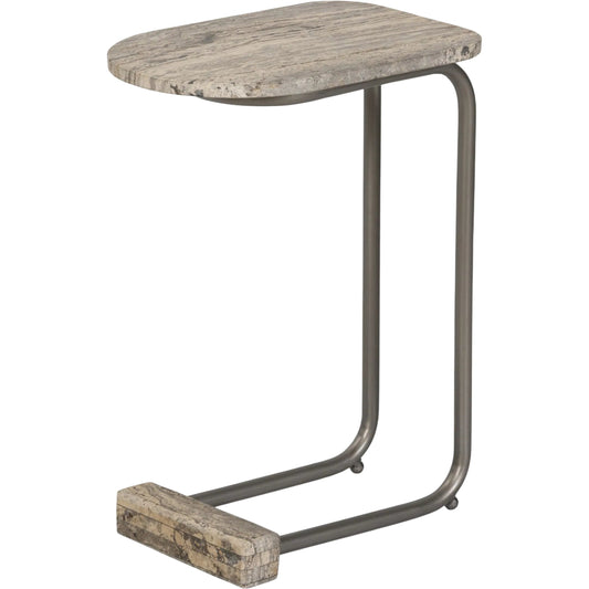 Pixie End Table by Four Hands in grey stripe travertine, light antique pewter. Made from solid travertine, iron in a unique style.