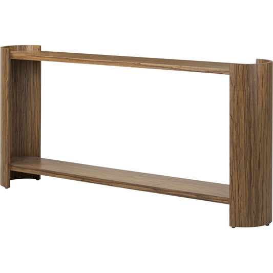 Damari Console Table by Four Hands in medium brown limba. Made from limba veneer in a unique style.