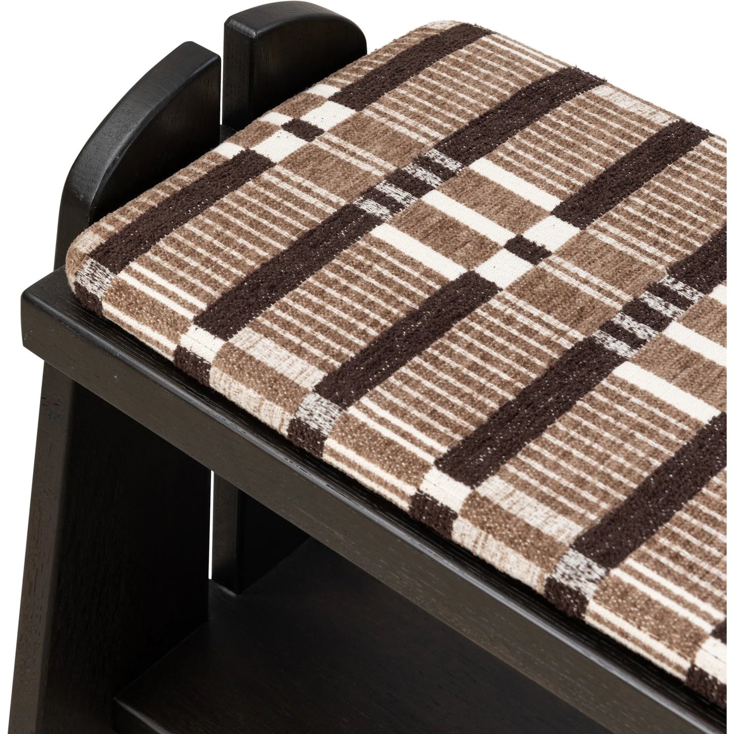 005 SI-2635229 | Closeup | Landrea Accent Stool by Four Hands in sandhill cocoa, smoked black, smoked black veneer. Made from 100% polyester, solid oak, thick oak veneer in a unique style.
