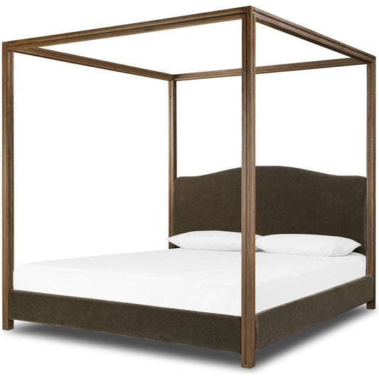 Jodie Canopy Bed by Four Hands in malmo olive, amber oak. Made from 50% recycled polyester, 50% polyester, solid oak in a traditional style.