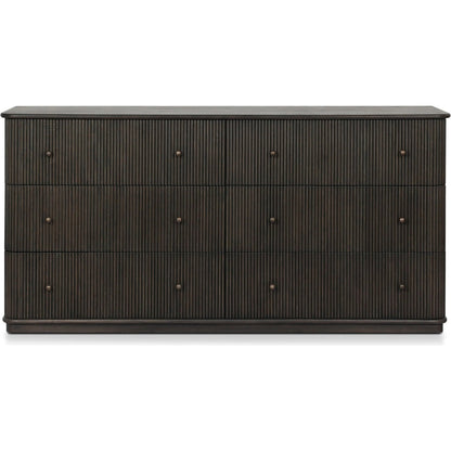 Ona 6-Drawer Dresser by Four Hands in smoked black mindi, smoked black mindi veneer. Made from solid mindi, mindi veneer in a unique style.