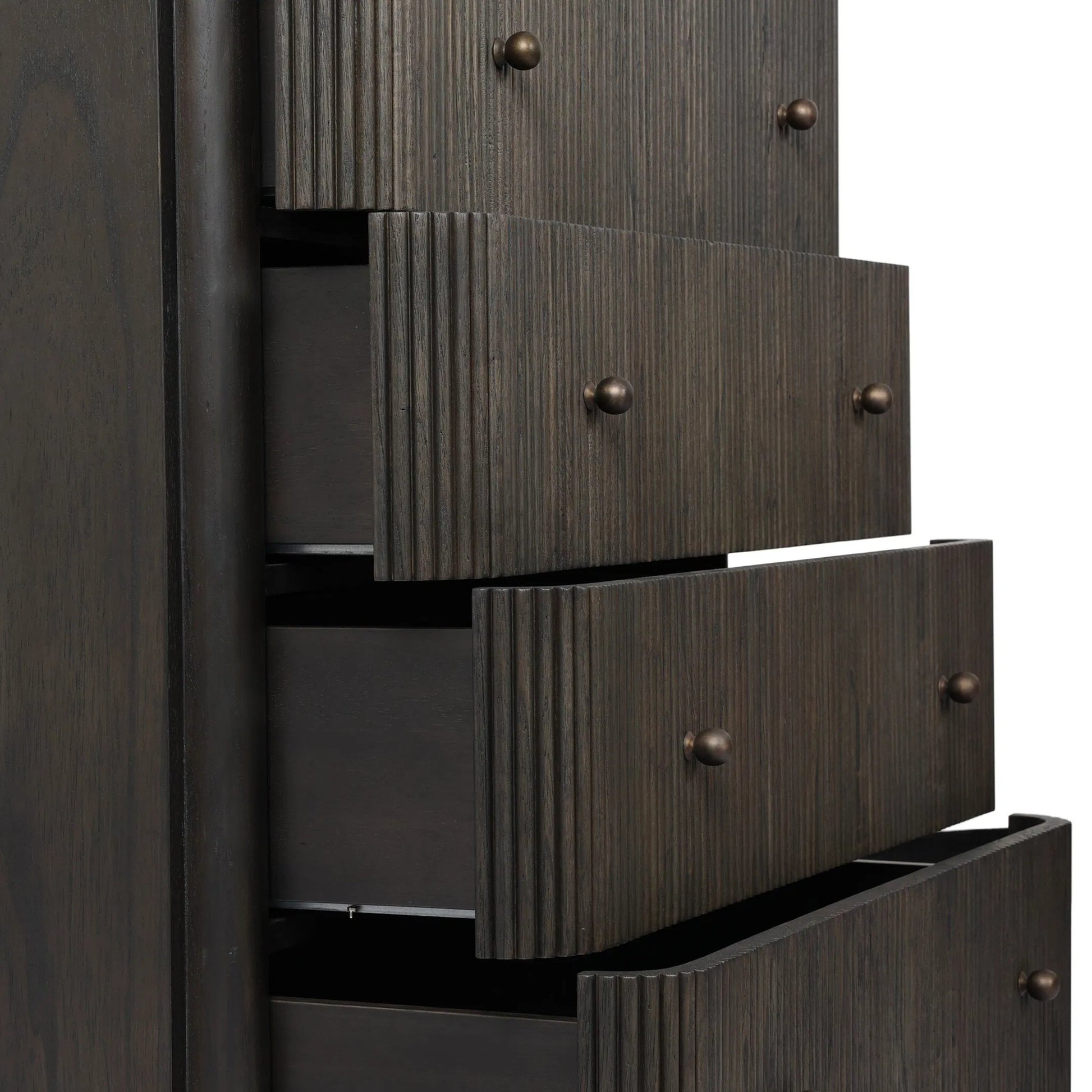 Ona Tall Dresser by Four Hands in smoked black mindi, smoked black mindi veneer. Made from solid mindi, mindi veneer in a unique style.