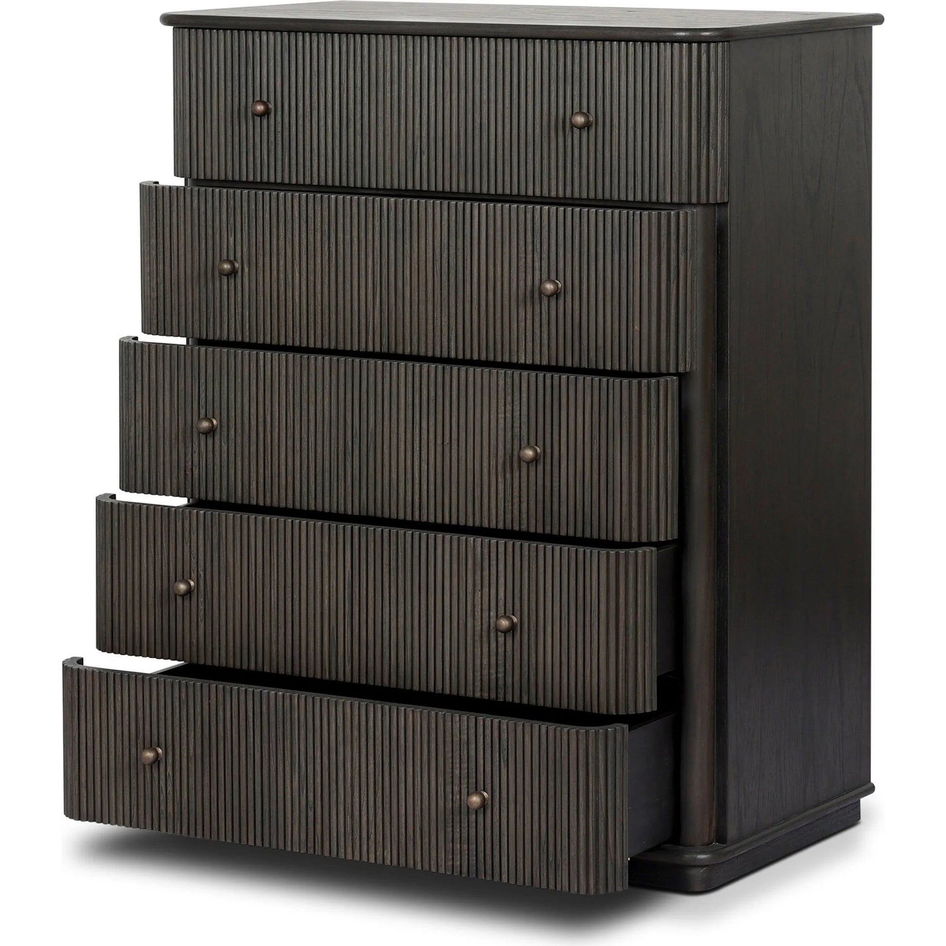 Ona Tall Dresser by Four Hands in smoked black mindi, smoked black mindi veneer. Made from solid mindi, mindi veneer in a unique style.