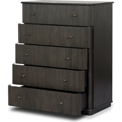 Ona Tall Dresser by Four Hands in smoked black mindi, smoked black mindi veneer. Made from solid mindi, mindi veneer in a unique style.