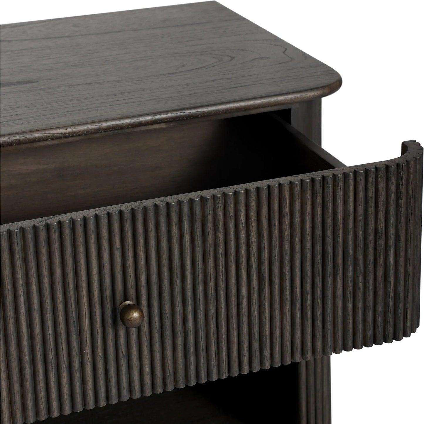 004 SI-2635235 | Closeup | Ona Nightstand by Four Hands in smoked black mindi veneer. Made from mindi veneer, solid mindi in a unique style.