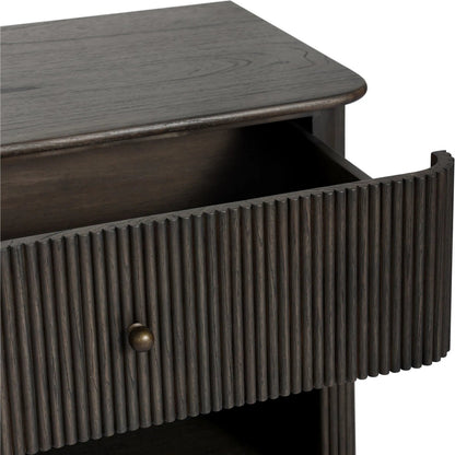 Ona Nightstand by Four Hands in smoked black mindi veneer. Made from mindi veneer, solid mindi in a unique style.