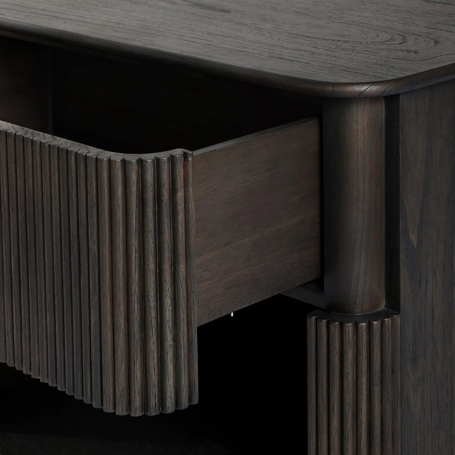 005 SI-2635235 | Closeup | Ona Nightstand by Four Hands in smoked black mindi veneer. Made from mindi veneer, solid mindi in a unique style.