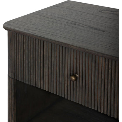Ona Nightstand by Four Hands in smoked black mindi veneer. Made from mindi veneer, solid mindi in a unique style.