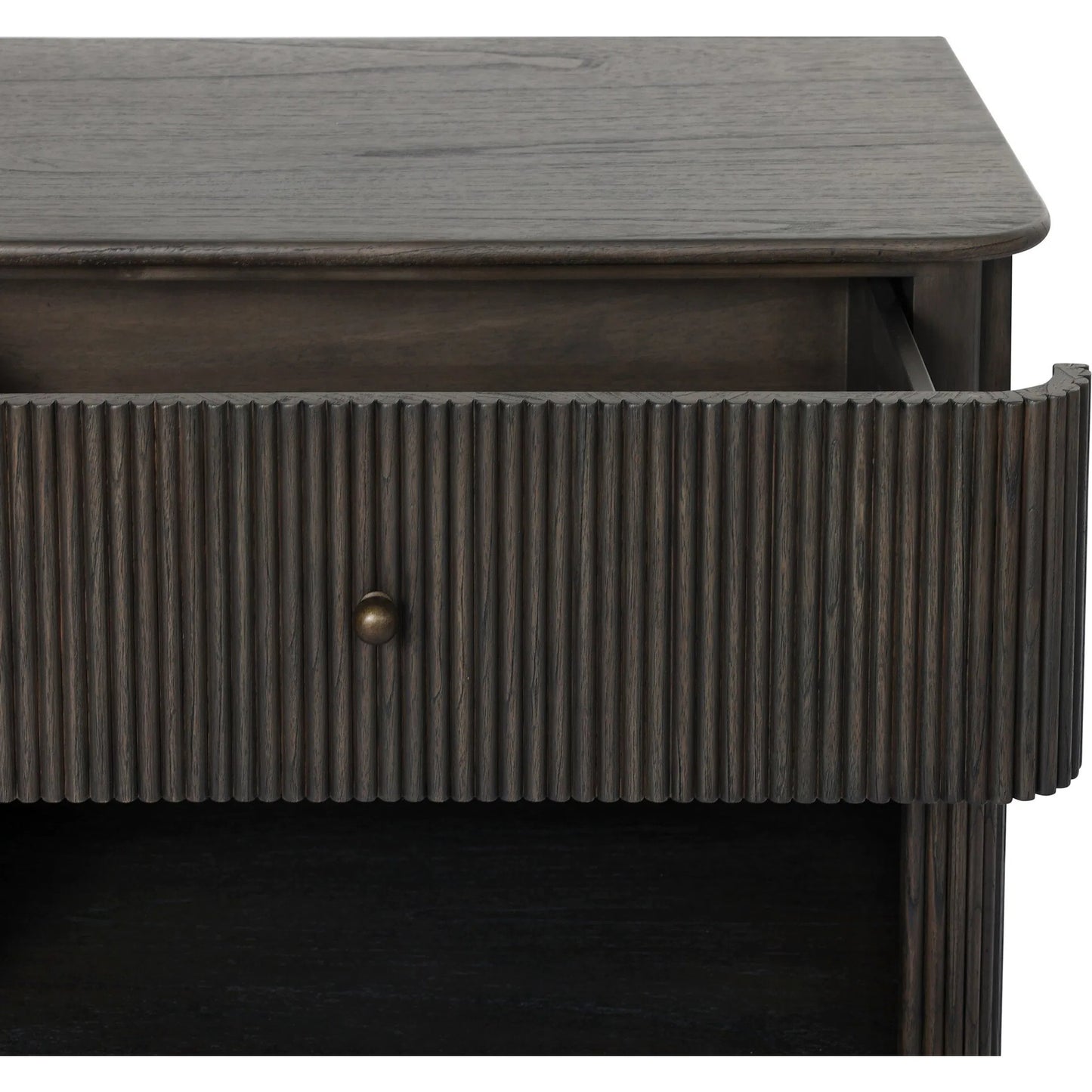 008 SI-2635235 | Closeup | Ona Nightstand by Four Hands in smoked black mindi veneer. Made from mindi veneer, solid mindi in a unique style.