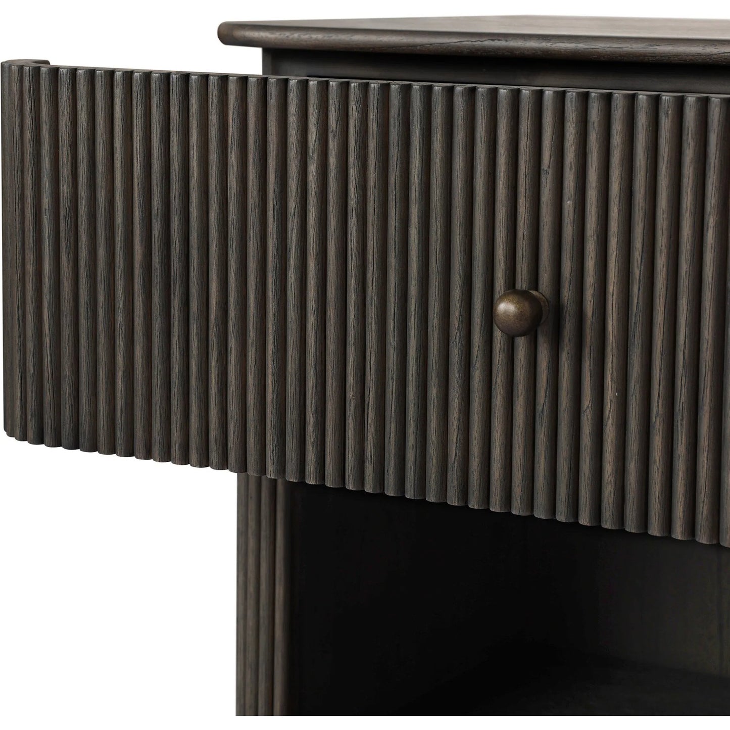 009 SI-2635235 | Closeup | Ona Nightstand by Four Hands in smoked black mindi veneer. Made from mindi veneer, solid mindi in a unique style.