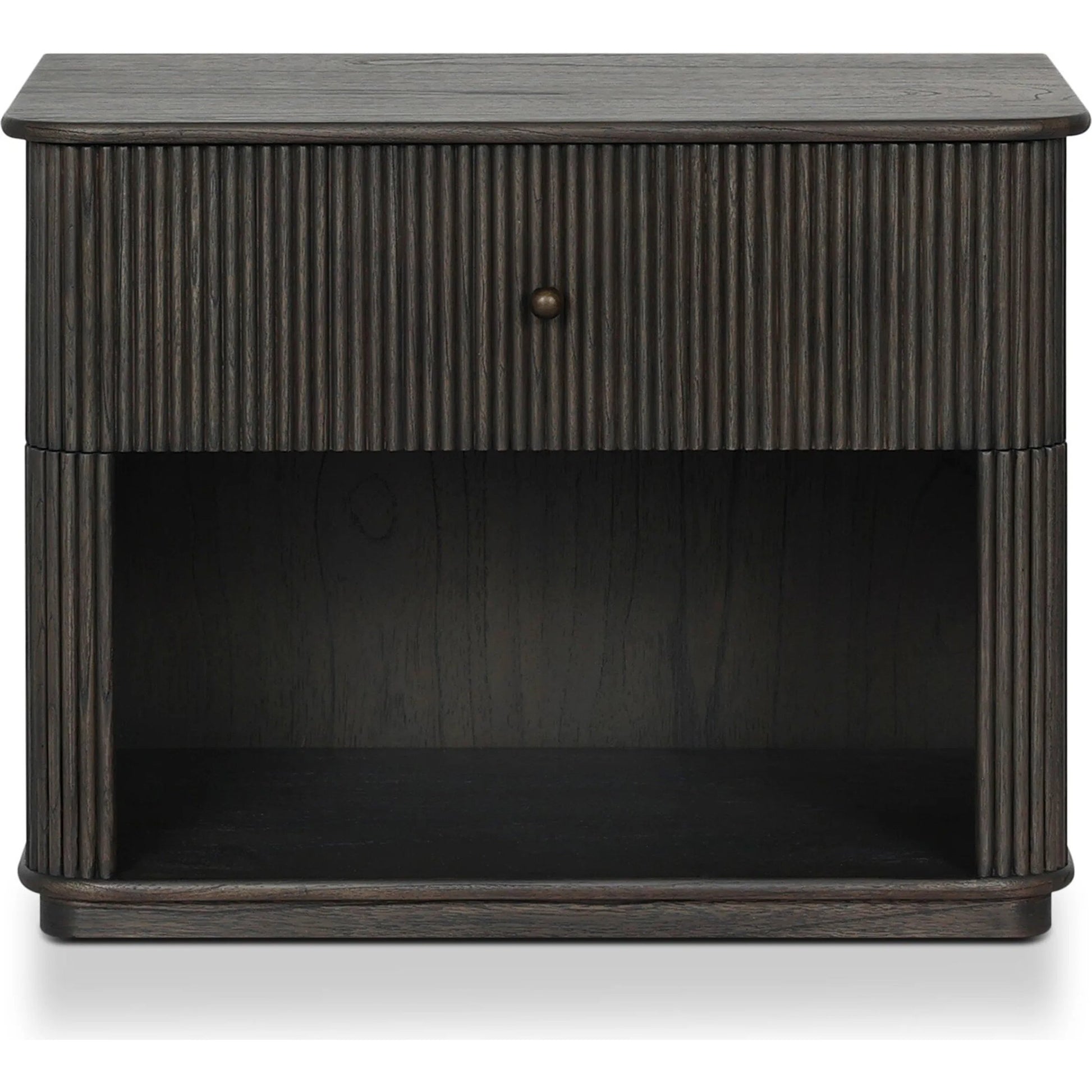 Ona Nightstand by Four Hands in smoked black mindi veneer. Made from mindi veneer, solid mindi in a unique style.
