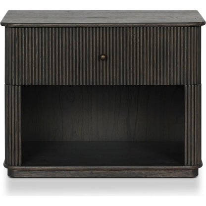 Ona Nightstand by Four Hands in smoked black mindi veneer. Made from mindi veneer, solid mindi in a unique style.
