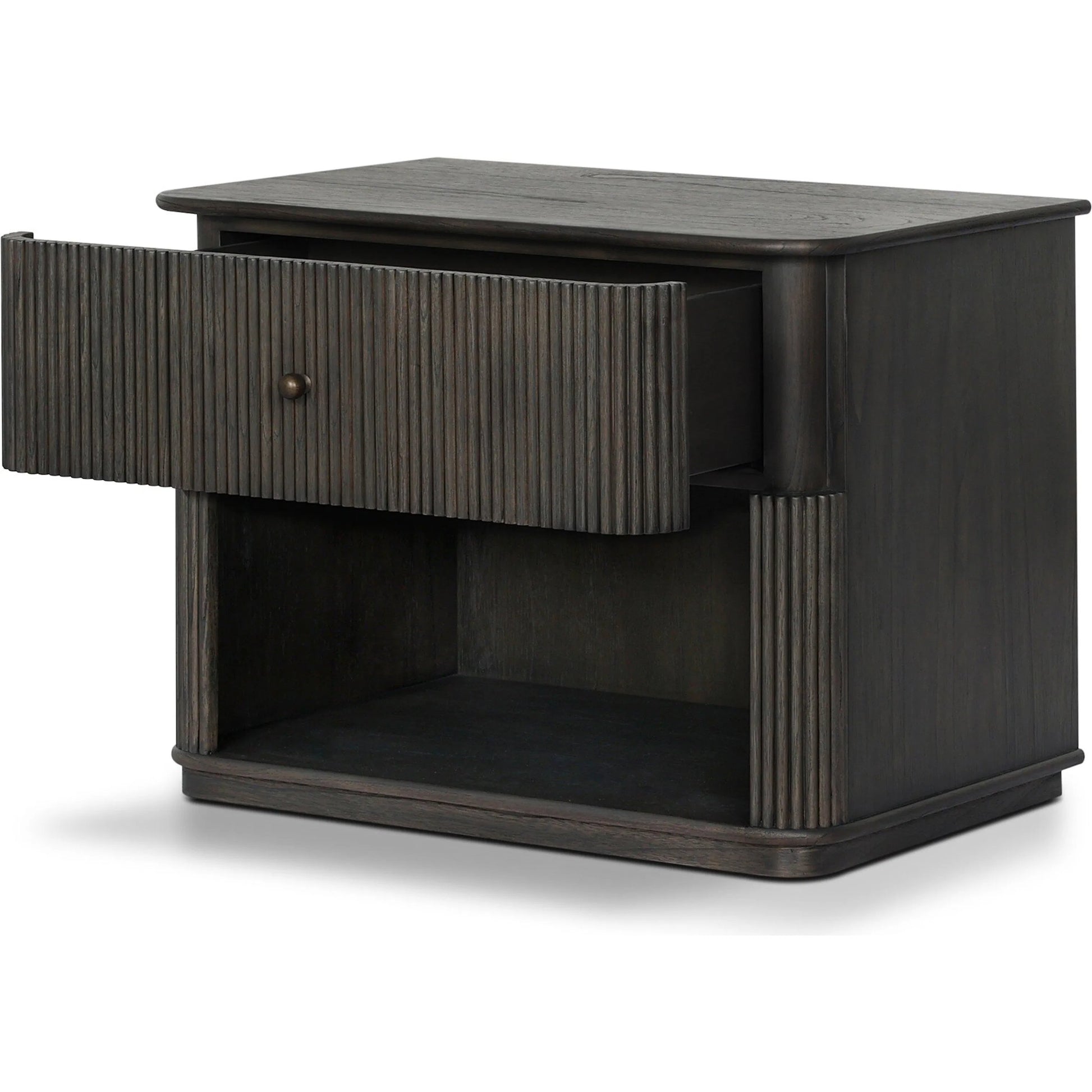 Ona Nightstand by Four Hands in smoked black mindi veneer. Made from mindi veneer, solid mindi in a unique style.