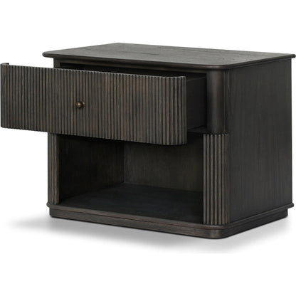 Ona Nightstand by Four Hands in smoked black mindi veneer. Made from mindi veneer, solid mindi in a unique style.