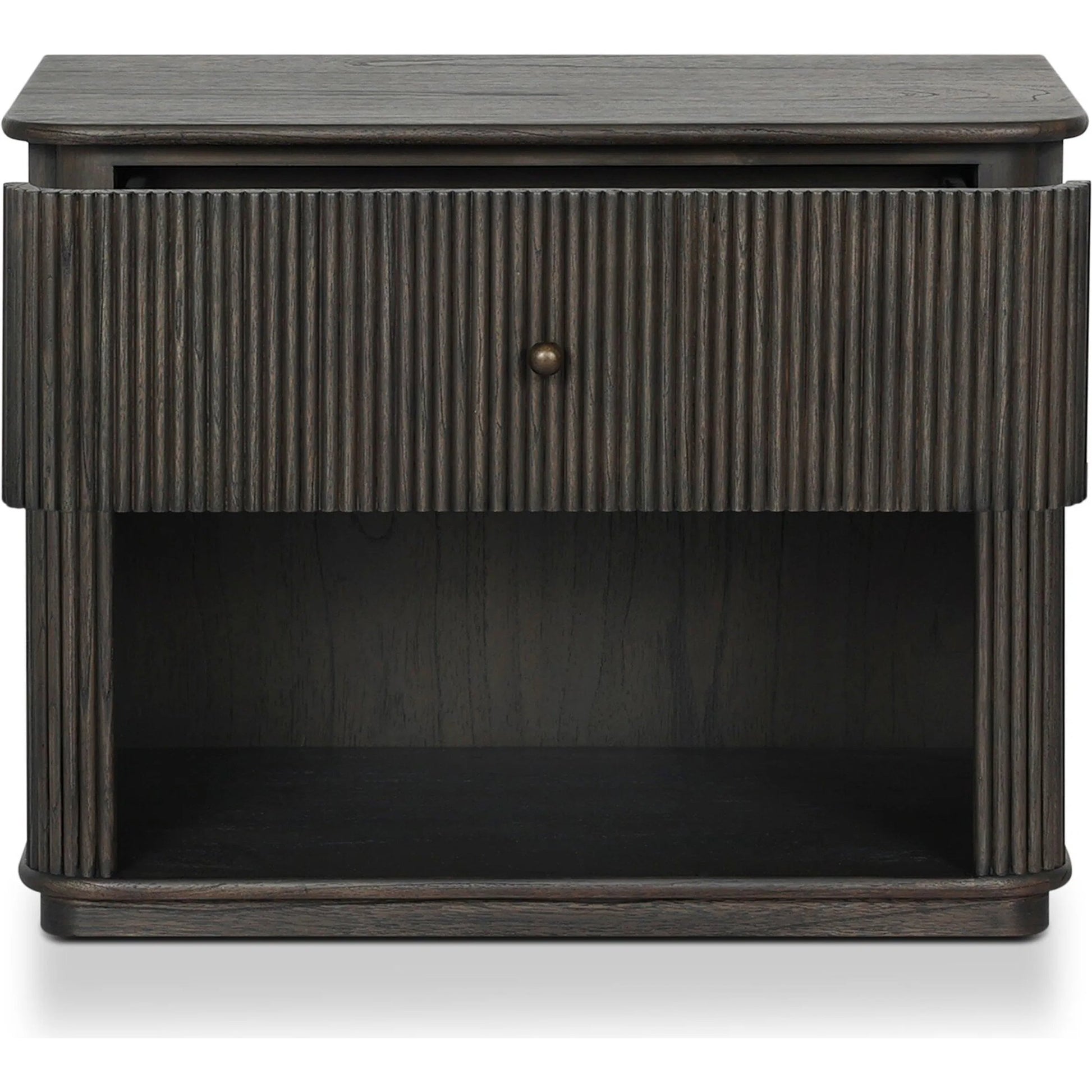 Ona Nightstand by Four Hands in smoked black mindi veneer. Made from mindi veneer, solid mindi in a unique style.