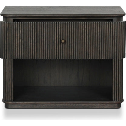Ona Nightstand by Four Hands in smoked black mindi veneer. Made from mindi veneer, solid mindi in a unique style.