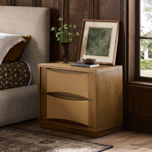 Wilmina Nightstand by Four Hands in amber oak thin veneer, natural paper cord, amber oak solid. Made from oak veneer, rush, solid oak in a unique style.