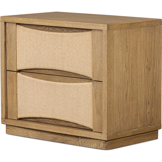 Wilmina Nightstand by Four Hands in amber oak thin veneer, natural paper cord, amber oak solid. Made from oak veneer, rush, solid oak in a unique style.