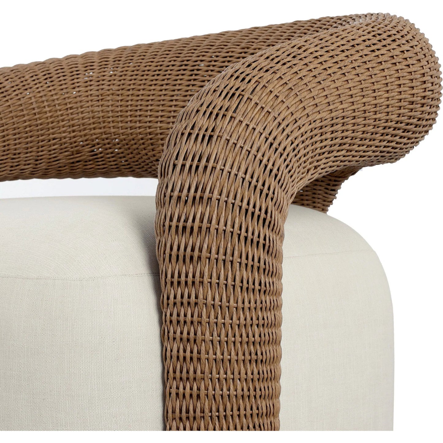 010 SI-2531662 | Closeup | Mazie Outdoor Swivel Chair by Four Hands in vergo cream, textured sand. Made from 100% polyester, 100% polyethylene in a unique style.