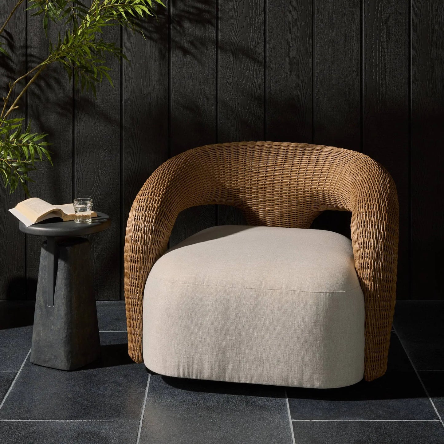 013 SI-2531662 | Lifestyle | Mazie Outdoor Swivel Chair by Four Hands in vergo cream, textured sand. Made from 100% polyester, 100% polyethylene in a unique style.