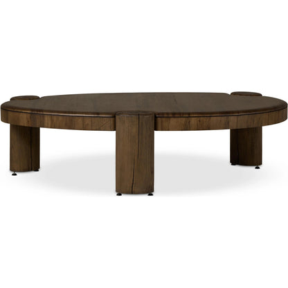 Kamira Oval Coffee Table by Four Hands in dark spalted primavera, dark melina solid. Made from thick primavera veneer, melina solid in a unique style.