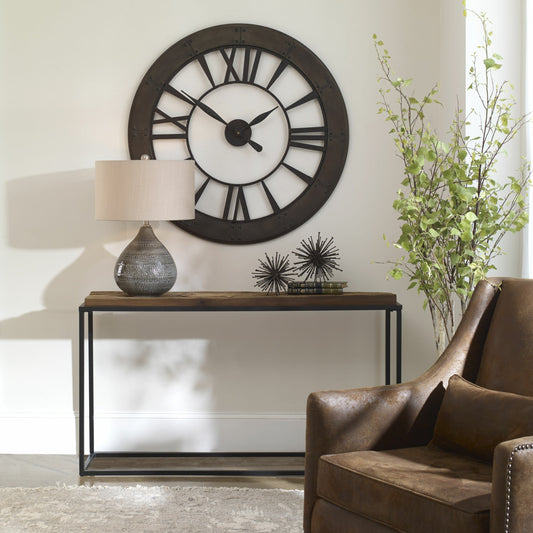 Holston Console Table by Uttermost in satin black. Made from reclaimed wood, iron in a transitional style.