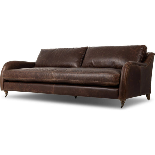 Lynne Sofa by Four Hands in raleigh cigar, brushed brass, weathered sepia. Made from top grain leather, iron, solid parawood in a unique style.